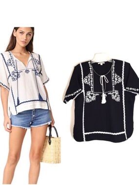 Ella Moss Embroidered V-Neck Women's Top in White and Black Size XS